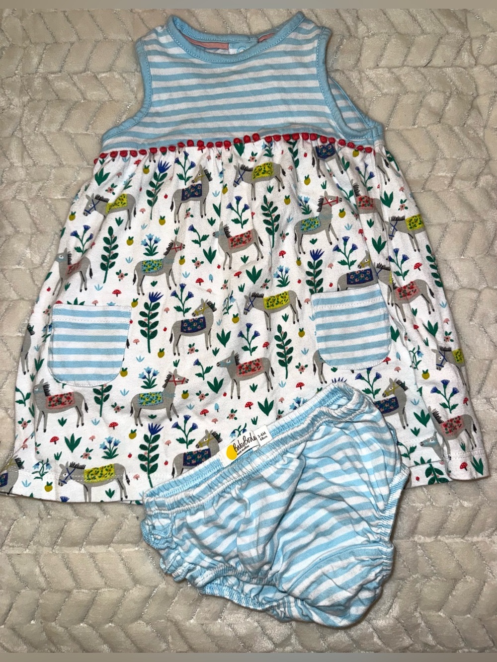 Boden Baby donkey stripe jersey dress set, size 3-6 mos